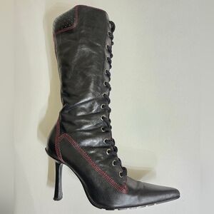 Black Leather Lace-Up/Zipper Knee-High Boots